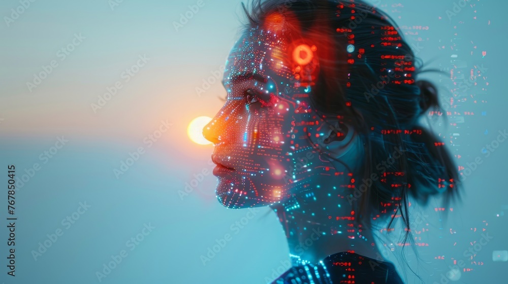 Futuristic artificial intelligence. Woman face in red blue azure colors. Human and artificial intelligence interaction concept. Mental world. Psychology and Technology. Generative ai