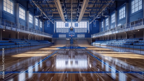 Empty indoor basketball court with wooden floor reflective ambient light. Natural light floods in through high windows, situated at both sides of hall.