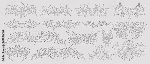 Collection Of Grunge Y2k Tattoo Streetwear Graphic Elements. Gothic Neo Tribal Cyber Sigilism Shapes Vector Design.