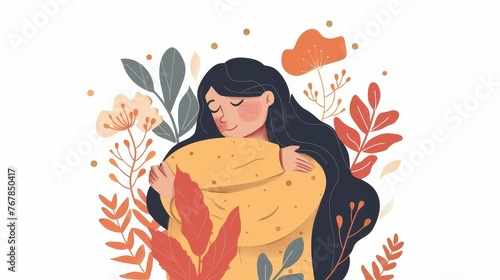 Psychological concept of self-love. Happy girl embracing her own body and caring about it. Proud man cuddling with friend. Ego, respect, acceptance. Flat graphic modern illustration isolated on
