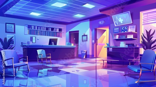 Hospital lobby interior at night. Modern cartoon illustration of reception desk with computer, chairs in dark waiting room, TV on ceiling, shelves with medical records, drawers with shoe covers.