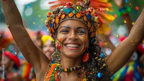 Woman celebrating of Brazil's Sao Joao festival or Fiesta Junina with traditional food like corn, peanut candy and pine kernels. Brazilian June party concept. Generative ai photo