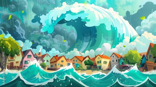 An illustration of a tsunami wave covering small town houses. Storm raging in the ocean, cloudy skies, green leaves flying in the wind and a natural disaster.