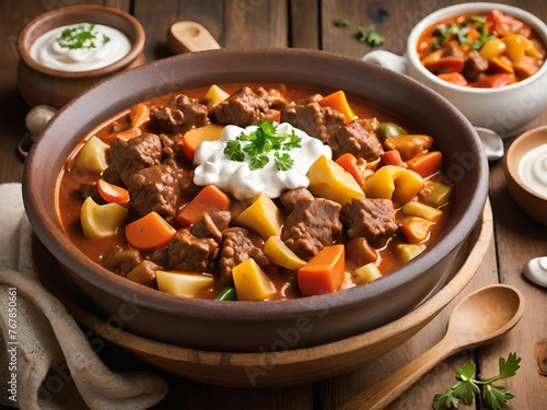 traditional american beef stew with potatoes in a ceramic bowl