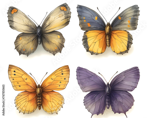 Set of four different colored butterflies isolated on white background. Illustration of lepidoptera for design and print. Nature and spring concept © UseeIvan