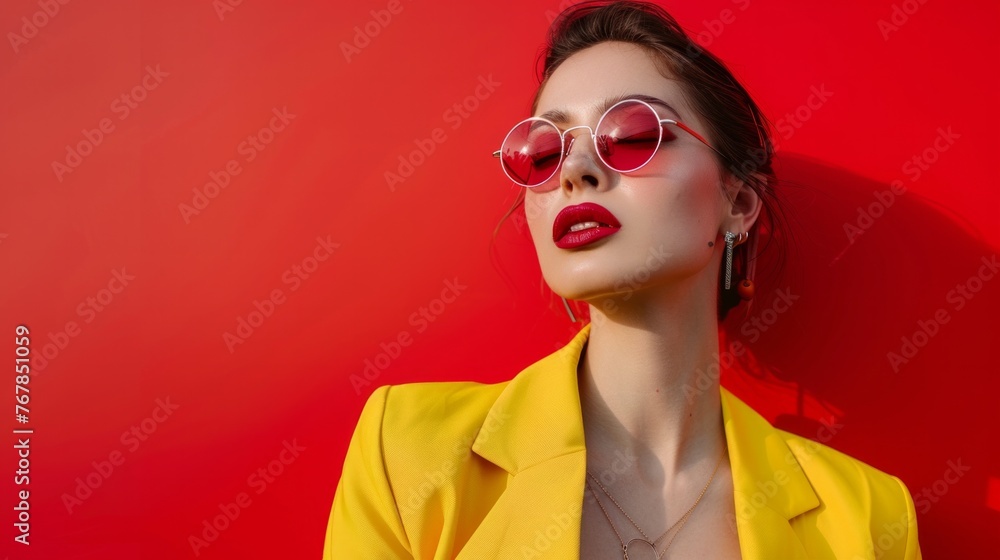 Close-up portrait of happy young pretty woman in yellow suite, isolated on red background Close-up portrait of happy young pretty woman in yellow suite, isolated on red background