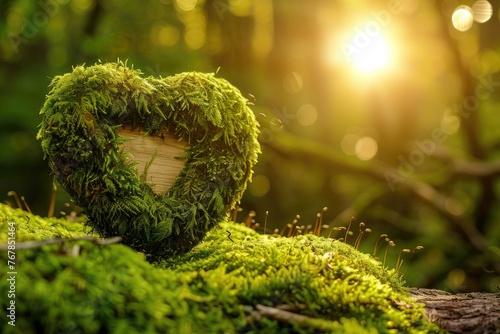 Woodland Radiance: Moss-Covered Heart, AI Generative
