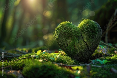 Nature's Embrace: Sun-Kissed Mossy Heart, AI Generative
