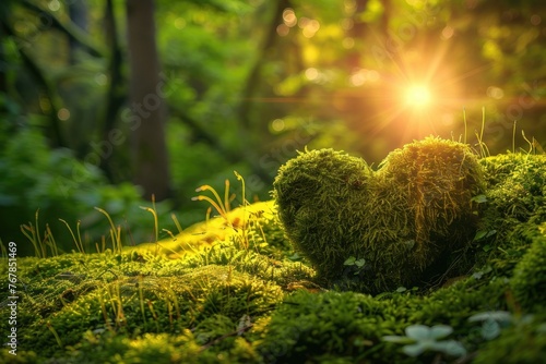 Mossy Forest Glow: Wooden Heart, AI Generative
