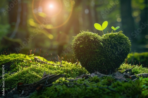 Forest Whispers: Mossy Heart in Sunlight, AI Generative
