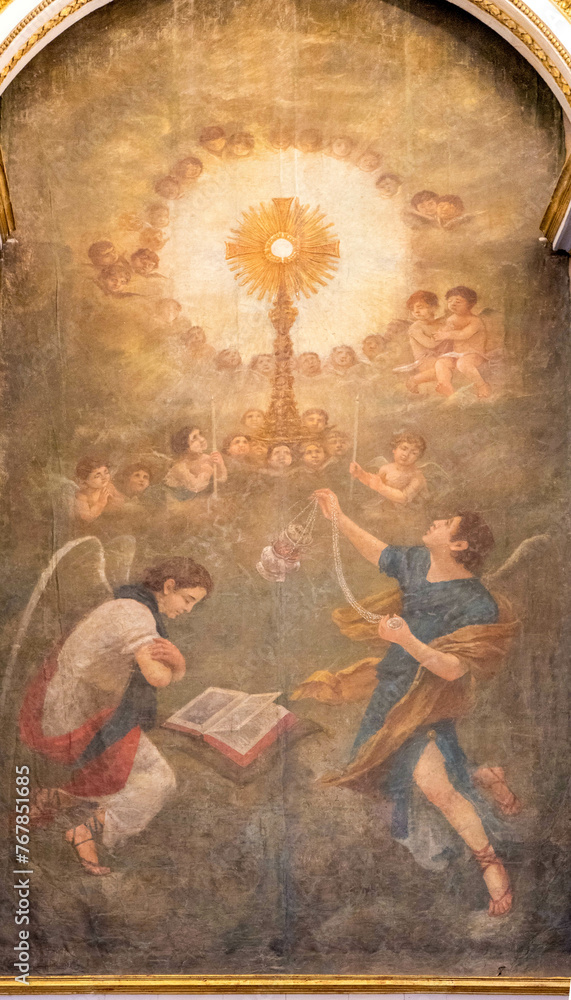Hostensory painting with the Blessed Sacrament, Angels and Saints. Corpus Christi Convent, Vila Nova de Gaia, Portugal. 2023-01-13