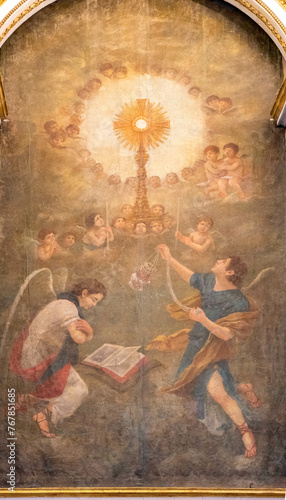 Hostensory painting with the Blessed Sacrament, Angels and Saints. Corpus Christi Convent, Vila Nova de Gaia, Portugal. 2023-01-13