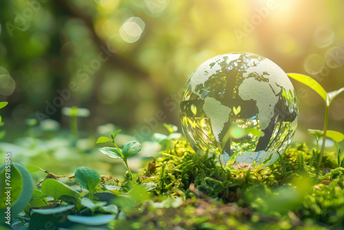 Green glass Globe in sunlight and Sprout on Forest Background: Conservation Concept