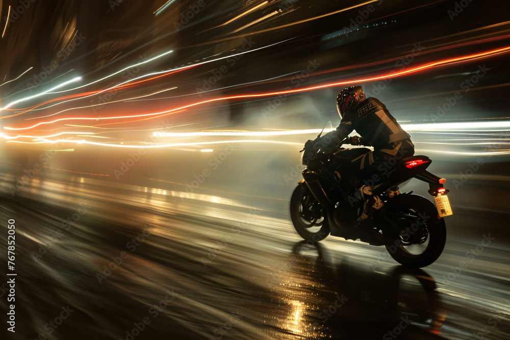 Motorcyclist in action at night with motion blur and red light trails on a wet road