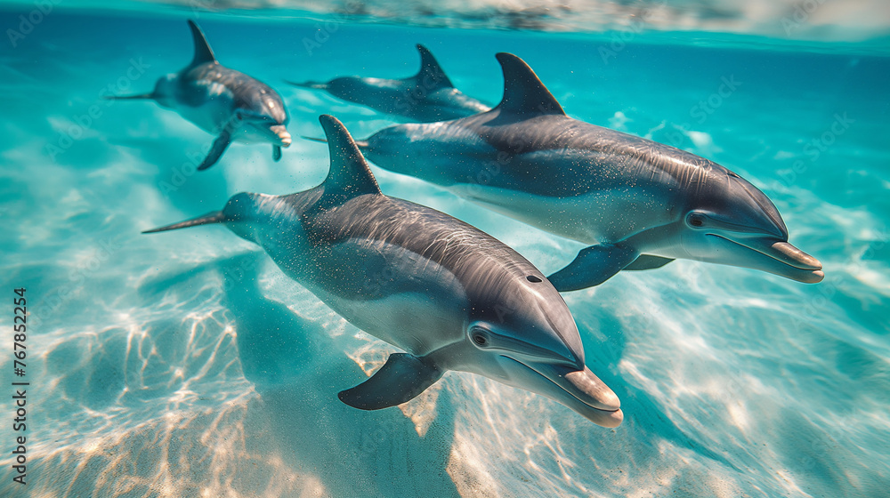 Fototapeta premium A pod of graceful dolphins frolics in the crystal-clear waters of the Indian Ocean, their sleek forms gliding effortlessly through the azure waves against a backdrop of pristine wh