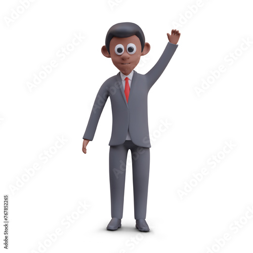 Dark skinned man in suit stands with his hand raised