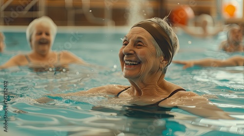 A smiling woman splash happily in a blue pool on a summer day seniors doing water exercises, Group of elder women at aqua gym session, joyful group of friends having aqua class in swimming  © Sittipol 