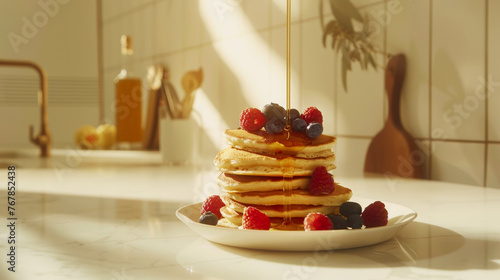 Stack of delicious pancakes with raspberries and blueberries  syrup flowing high above. Aesthetic kitchen. Generative AI