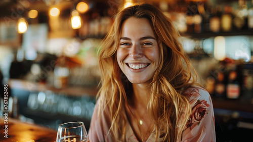 A woman smiling in a bar