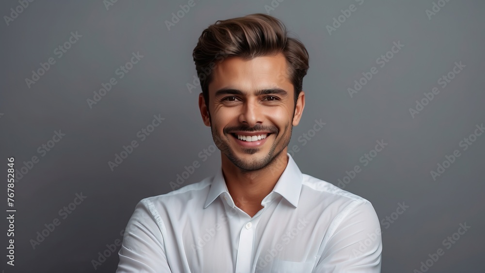 Obraz premium Happy young smiling confident professional business man wearing white shirt