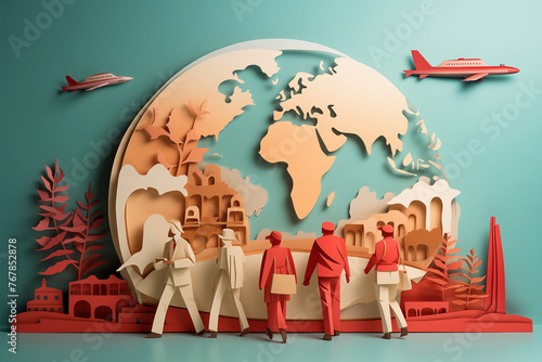 Travel around the world banner design by paper cut, minimal flat design style, journey, vacation, tourist concept, papercut illustration