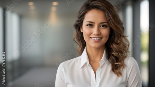 Happy young smiling confident professional business woman wearing white shirt