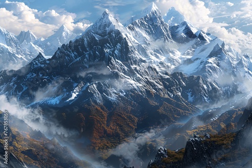 a snowy mountain tops with clouds