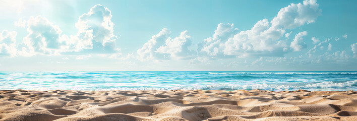 Sandy beach with sea view and sky background, summer tropical holiday landscape, sand and ocean banner hd
