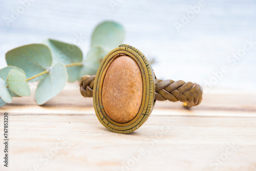Boho bracelet with stone on leather cord. Handmade jewelry.