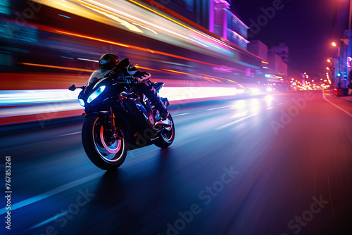 Speeding motorcycle on urban road at night with vibrant light trails