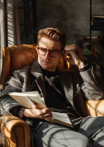 A handsome young man with glasses is sitting on an armchair in office filled with sunlight. he is thoughtfully reading a book with in his hand. generative AI
