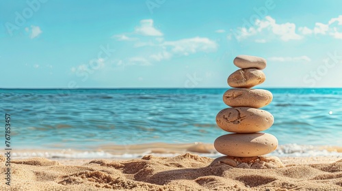 Vacation relax summer holiday travel tropical ocean sea panorama landscape stack of round pebbles stones on the sandy sand beach, with ocean in the background Mental Health Practice harmony balance.