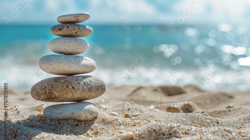 Vacation relax summer holiday travel tropical ocean sea panorama landscape stack of round pebbles stones on the sandy sand beach  with ocean in the background Mental Health Practice harmony balance.