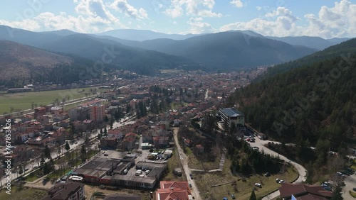 Drone shot of the cityscape of Velingrad on a sunny day in Pazardzhik, Southern Bulgaria photo