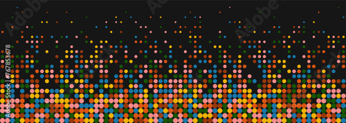 Party doodles vector border. Cute background with colorful confetti. Festive banner design with colorful circles on black backdrop