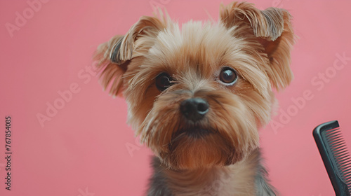 Dog gets hair cut at Pet Spa Grooming Salon. Closeup, generative ai