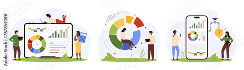 Analysis of financial data, business reports and statistic charts in dashboard of mobile app set. Tiny people work with application interface on phone and tablet screen cartoon vector illustration © Iconic Prototype