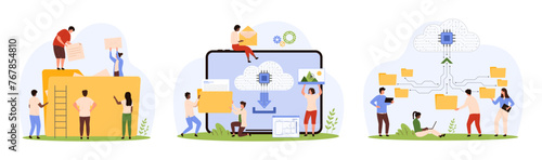 Online data storage set. Tiny people organize information with folders and archives, upload digital directory to cloud storage and share, connect documents on network cartoon vector illustration