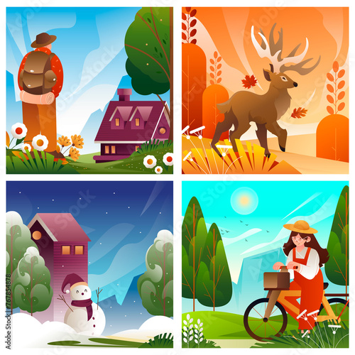 Four seasons illustrations in gradient style