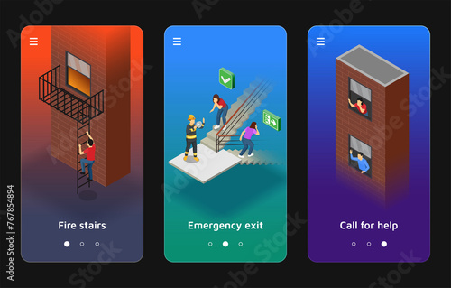 Isometric evacuation app design template set collection