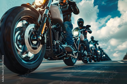 Dynamic Biker Rally: A group of bikers riding in formation, capturing the spirit of freedom and adventure.