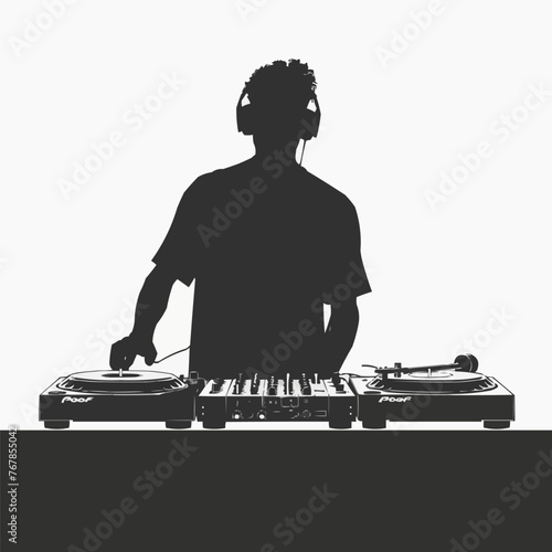 Disc jockey man silhouette, DJ and record decks vector isolated on white