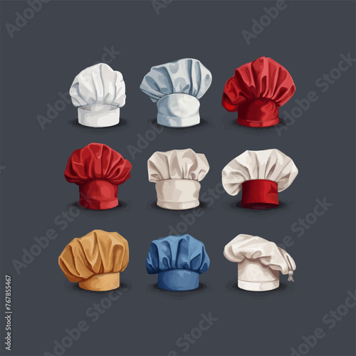 Chefs hats set. Culinary chef headwear for food preparation and cooking with professional folds and trendy vector gourmet design