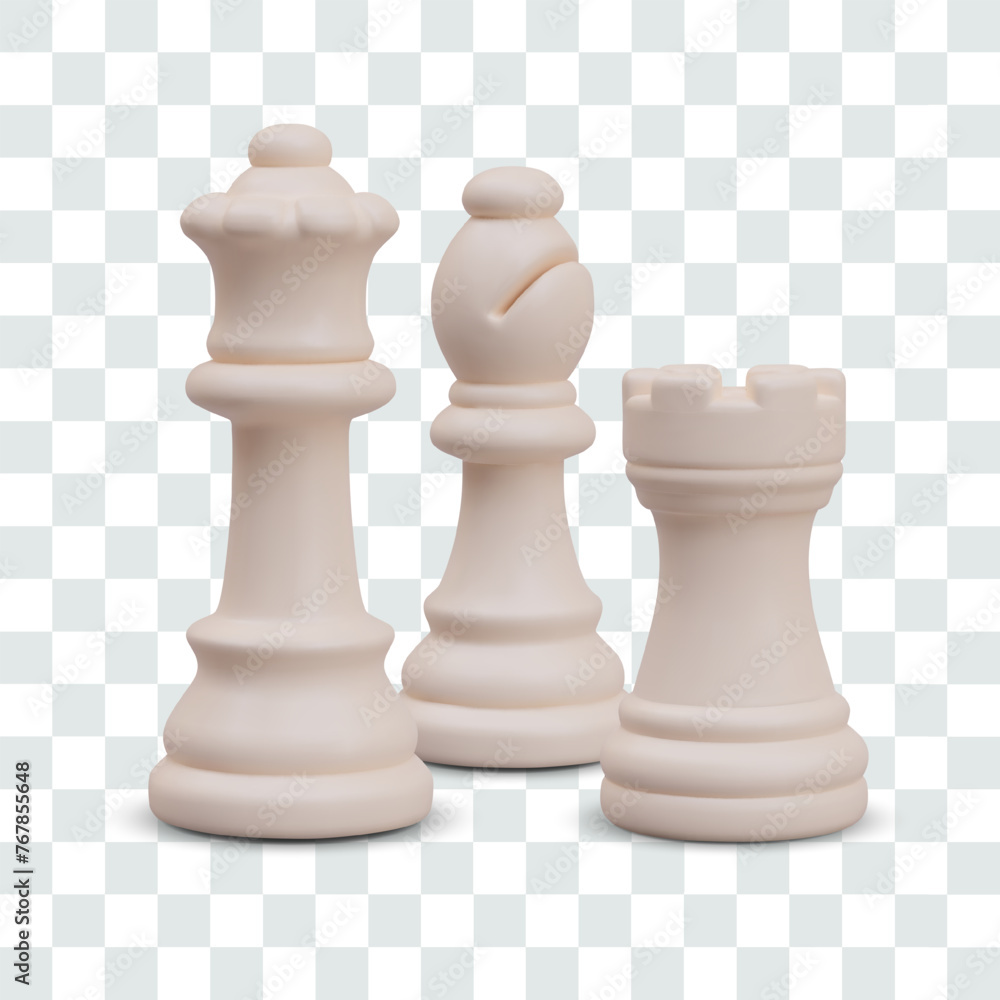 Group of realistic white chess pieces. Queen, bishop, rook Group of realistic white chess pieces. Queen, bishop, rook