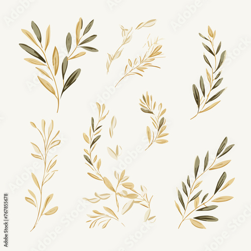 Botanical line illustration set of olive leaves, branch wreath for wedding invitation and cards, logo design, web, social media and posters template. Elegant minimal style floral vector isolated