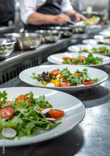 Fresh vegetable salad prepared on the table in a professional kitchen.