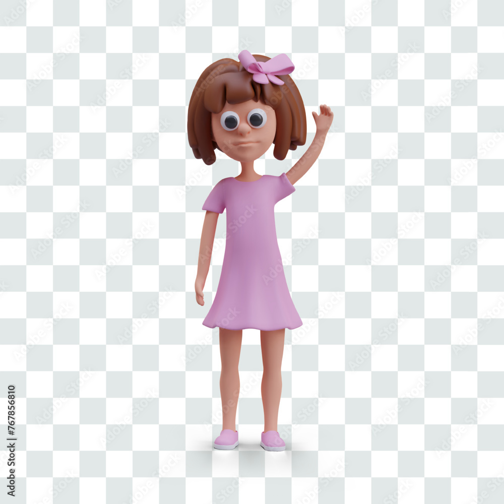 Girl in pink dress stands with her hand raised. Child asks question Girl in pink dress stands with her hand raised. Child asks question