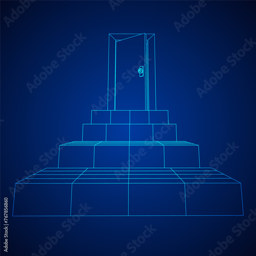 Stairway path to open door. Steps leading into the future concept. Wireframe low poly mesh vector illustration