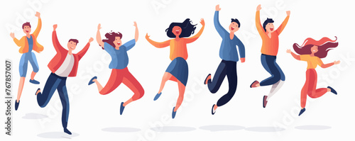 Happy joyful jumping characters set. Active energetic cheerful people celebrating success  victory. Young emotional men  women triumph. Flat graphic vector illustrations isolated on white backgro