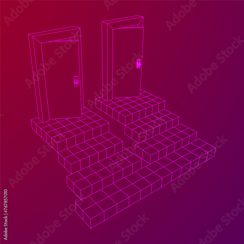 Stairway path to open door. Steps leading into the future concept. Wireframe low poly mesh vector illustration